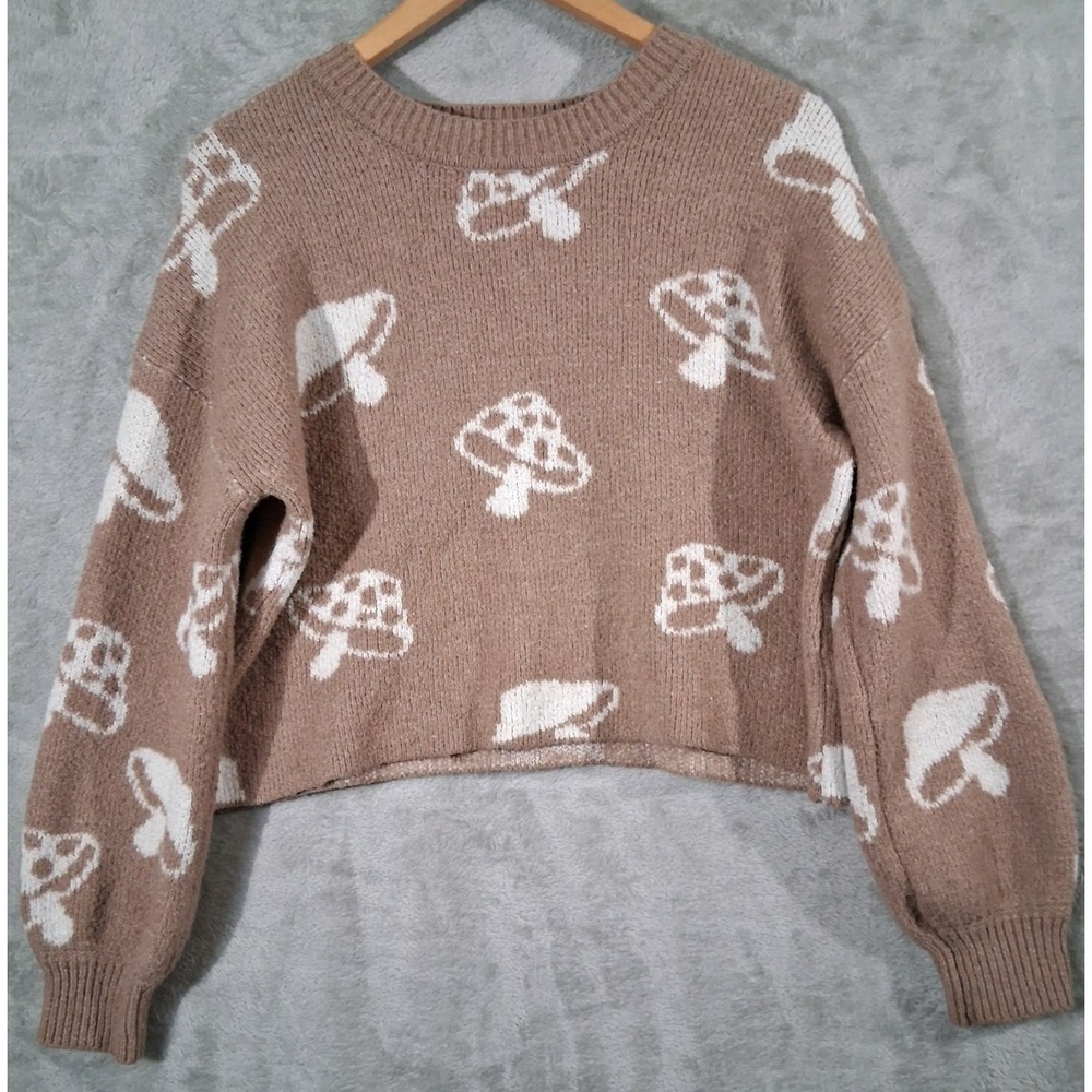 Hippie Rose Mushroom Knit Sweater Cottagecore Goblincore Whimsical Woodland Crop